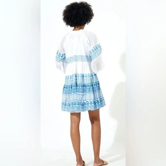 New OLIPHANT Balloon Long Sleeve Short Dress Santorini Blue & White Floral Print - Picture 10 of 10